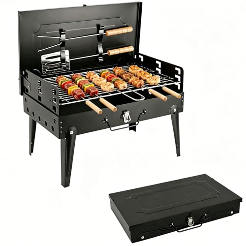 Barbecue Pliable Portable, Barbecue Charbon de Bois avec 3 Niveaux Réglables, Barbecue de Table pour Jardin & Camping, BBQ Compact avec Outil Intégré,...
