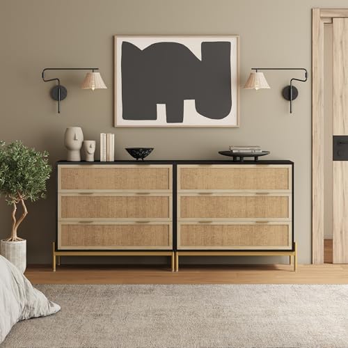 Image of Nathan James Andrew 3-Drawer Chest Rattan Dresser, Bohemian Deep Drawer Dresser for Bedroom with Natural Rattan Accent and Metal Legs, Matte Black, Set of 2