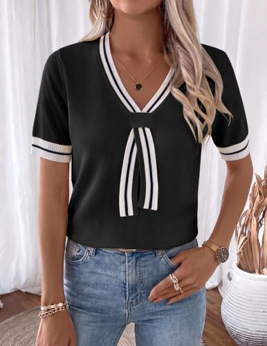 Image of Libsorge Womens Lightweight Cute Bow Tie Sweater Spring 2026 Business Casual Outfits V Neck Short Sleeve Tops