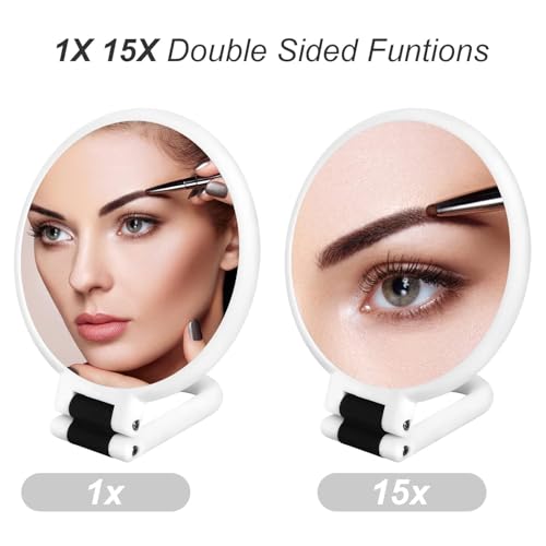 Image of BANIRA Handheld Mirror, Double-Sided Magnification (1x & 15x), Foldable Handle, White Finish, 13.5 cm x 2, Tabletop Mount, Perfect for Makeup & Grooming
