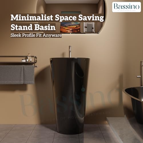 Image of BASSINO 18x18x32 Inches Ceramic Pedestal Wash Basin /7 Years Warranty /One Piece Free Standing Basin For Bathroom /Living Room /Salons /Round Modern Sink For Hotel /Floor Mounted Washbasin(Glossy Black)