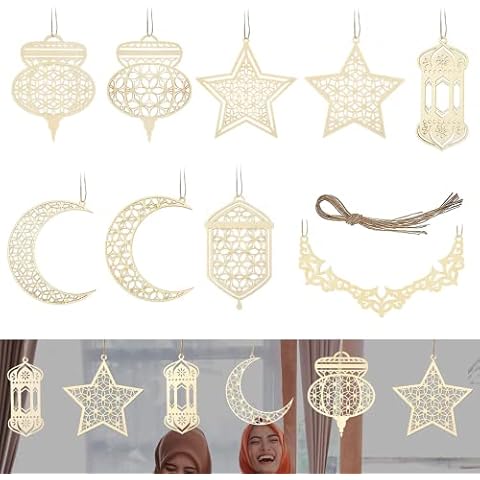 Eid Mubarak Wooden Ornament, 9 Pieces Islam Eid Ramadan Mubarak Decoration Hollow Pendant Ornament Ornaments Hanging Islam Wood for Party Home Ramadan Decor Cover