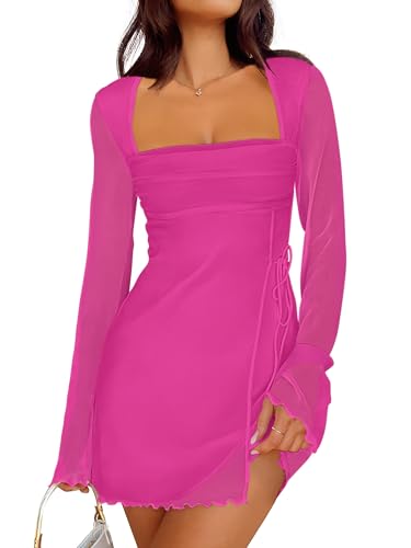Image of Caracilia Womens Sexy Mesh Ruched Mini Dresses Long Sleeve Square Neck Tie Fall Club Party Cocktail Short Dress 2026 Fashion
