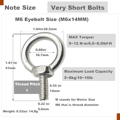 Image of Stainless M6 Eyebolt 0.55 inch(14mm) Short Bolt Eye Threaded Ring Lifting Shoulder Screw Hook with Nut Washer Locking as Anchor Point for Hanging,10 PCS