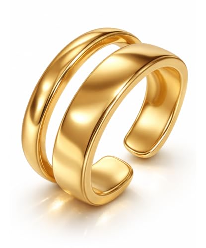 Positiva Jewelry Bague ouverte réglable pour femme – Bague en acier inoxydable plaqué or 18 carats, résistante à l'eau, hypoallergénique, design double anneau, bague tendance et imposante comme cadeau