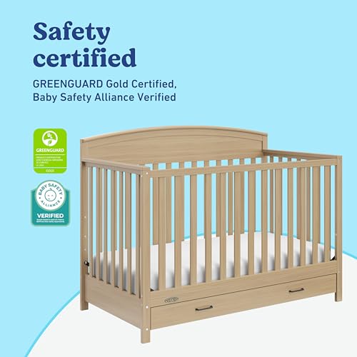 Image of Graco Benton 5-in-1 Convertible Crib with Drawer, Driftwood | GREENGUARD Gold Certified, Converts from Baby Crib to Toddler Bed, Daybed and Full-Size Bed, Full-Size Nursery Storage Drawer