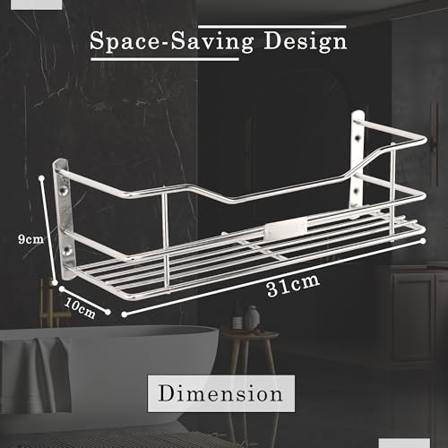 Image of Kuber Industries Pack of 3 Stainless Steel Bathroom Shelf for Wall - Washroom Organizer Shampoo Holder Stand & 12 Inch Kitchen Storage Rack - Silver
