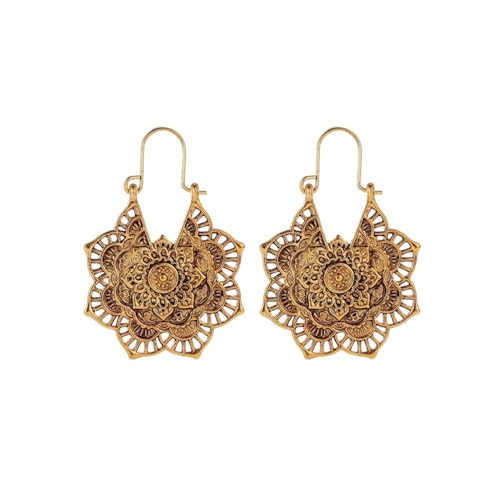Boho Antique Carved Flower Dangle Drop Earrings for Women Vintage Retro Handmade Hollowed Antiqued Bronze Floral Shaped Geometric Gold Silver Plated Hoop Earrings for Ethnic Style Jewelry Gifts
