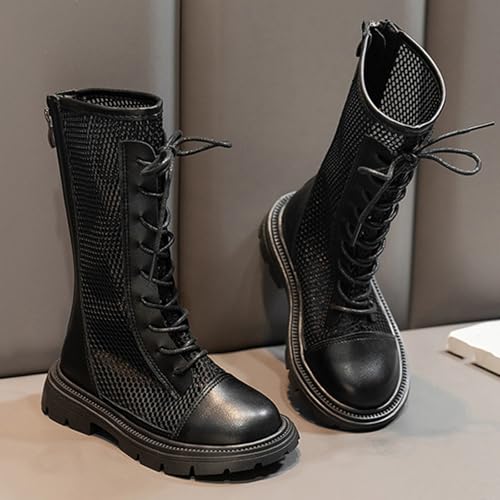 Girl Mesh Hollow Out Boot PU Breathe Lace Tie Shoe Back Zipper Early Fall Shoes 2025 Lug Sole Trendy Solid Boots2