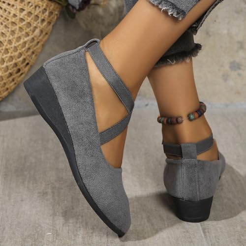 HUIQINGLI Women's Comfy Elastic Crisscross Strap Wedge Slip-On Shoes, Womens Pointed Toe Ballet Wedge Dress Shoes Round Toe Comfy Pump3