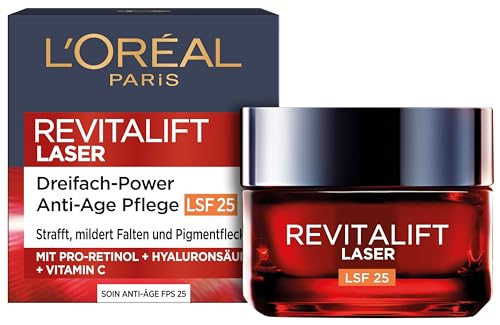 L'Oréal Paris Anti-Aging-Tagescreme LSF 25 mit Dreifachpower für Frauen: mildert Falten & strafft die Haut, mit Pro-Retinol, Hyaluronsäure und Vitamin C, RevitaLift Laser, 1x 50ml