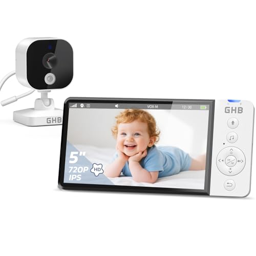GHB Babyphone Camera 5' 720P HD Camera Bebe Surveillance 5000mAh Écran IPS Zoom 4X Vision Nocturne VOX Capteur de Température Non Rotation à Distance