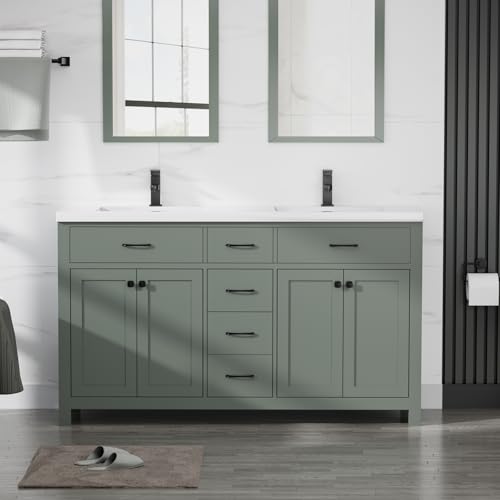 LUCKWIND 60 Modern Bathroom Vanity with Sink Combo Contemporary Painted Storage Cabinet and Double White Sink Include Soft-Closing Doors & Matte Black Faucet Green