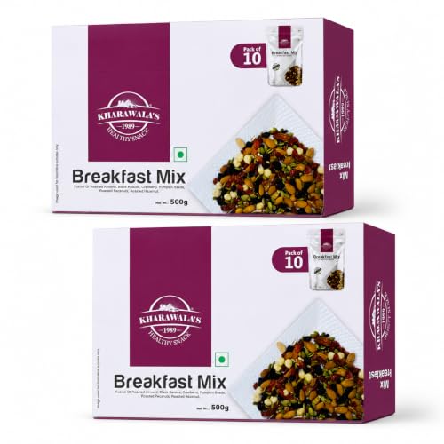 Image of KHARAWALA'S Breakfast Mix - Pack of 2 (50gm x 10) | Fusion of Roasted Pumkin Seed, Almond, Pecan Nuts, Hazelnut, Cranberry and Black Raisins