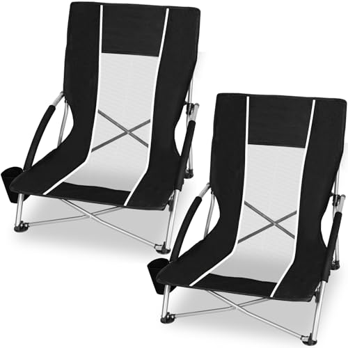 Romswi 2 Pack Lightweight Low Beach Chairs with Breathable Mesh Back, 6LBS Folding Portable Sand Chairs with Cup Holder, Heavy Duty 300lbs Capacity for Camping & Outdoor Use, Black