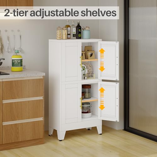 Image of 47 inch White Metal Bathroom Storage Cabinet, Kitchen Pantry Cabinet | Steel Storage Cabinet with Doors and 3 Adjustable Shelves, Bathroom cabinets Organizer, for Home Office, Bedroom