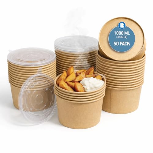 Image of PRASHEEL Living 1000ml Disposable Round Kraft Paper Bowl with Lid | Takeout Containers for Hot /Cold Foods, Salad, Dessert, Soup, Noodles | Leak-Proof, Microwaveable Food Storage Containers, 50 Pack