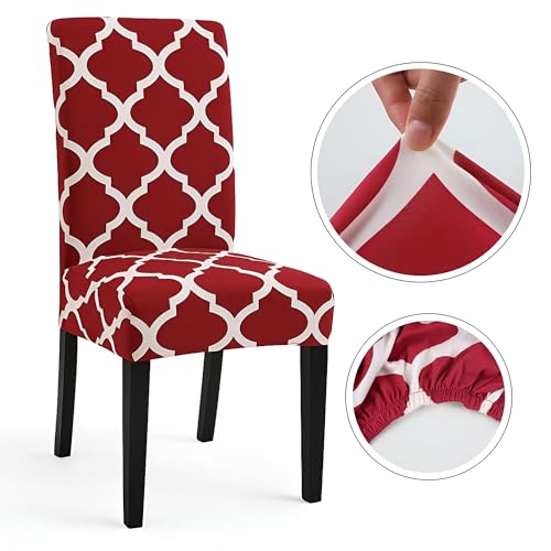 Image of Dining Chair Covers Set of 4, Stretchable Removable Washable Anti-Slip Universal Fit Printed Polyester Spandex Slipcovers (Red Diamond)