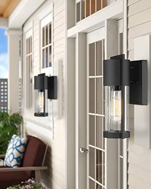 Outdoor Wall Lights, 2 Pack Black Exterior Lighting Fixtures Outdoor Waterproof Wall Mount Lantern with Glass, Modern Outside Wall Sconce for House Porch Garage Doorway, 2254/1W-2PK