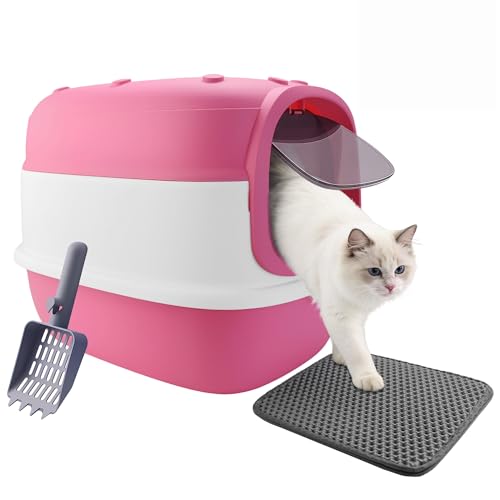Cat Litter Box with Litter Mat 20x15x15 Large Litter Box for Big Cats Enclosed Removable Litter Boxs Flip-Top Design Odor Control Easy to Clean (Pink)