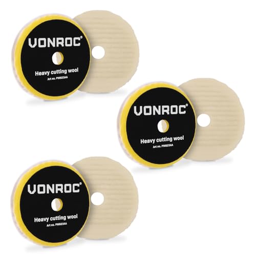 VONROC Lot de 3 tampons en laine Ø125 mm – Pads de polissage en laine pour double action et pochoirs rotatifs, correction de peinture intense, professionnel, – PM823AA
