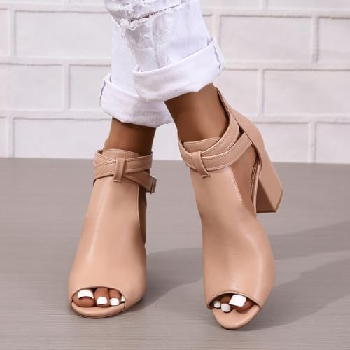 Image of Women's Peep Toe Sandals Side Cutout Chunky high Heel Adjustable Buckle | Summer booties, dressy, breathable, stacked, wide footbed, non-slip, ankle strap, all-day comfort, for parties, casual, work