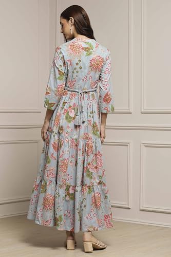 Image of Biba Women's Cotton 3 /4 Sleeves Calf Length Band Collar A-Line Floral Printed Casual Dress