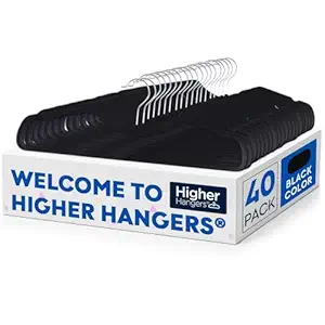 Higher Hangers Slim Black (Non-Velvet) Short Neck Vertical-Space-Saving Clothes Hangers, 40-Pack, Reduce Wrinkles & Max Closet Space in Home, Apartment, Dorm, RV, Boat, Yacht