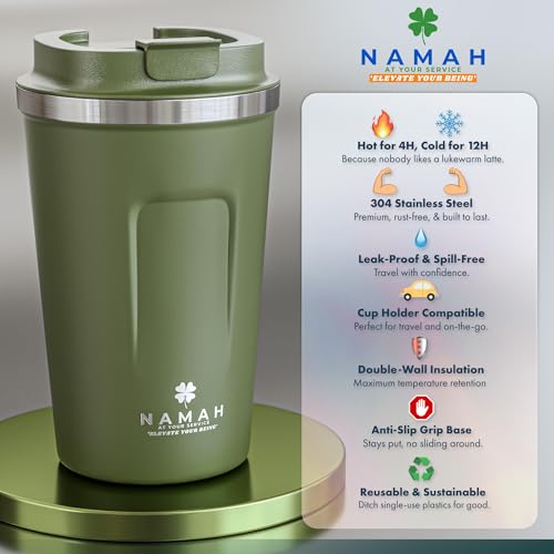 Image of Namah Insulated Coffee Travel Mug 380 ml with Lid, Leak Proof Stainless Steel Thermosteel Vacuum Insulated Mug, Hot & Cold Reusable Coffee Mug for Office, Car Cup Holder Friendly
