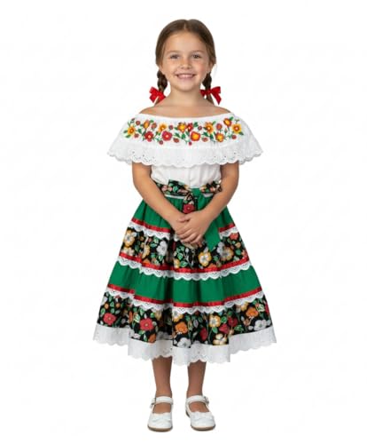 Girls Mexican Traditional Floral Dress with Lace and Embroidery for Cinco de Mayo and Fiestas Green Size 8