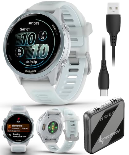 Image of Garmin Forerunner 570 42mm Advanced GPS Running & Triathlon Smartwatch, AMOLED Display, Training & Recovery, Cloud Blue Aluminum w /Translucent Whitestone /Cloud Blue Band w / Wearable4U PowerBank Bundle