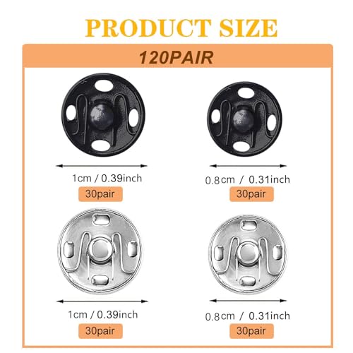 image for Willrain Sewing Snaps,120 Sets 8 mm and 10 mm,Black and Silver, Sew-on