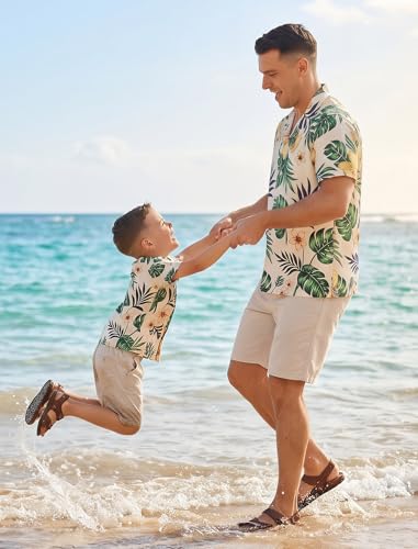 Image of AWIBMK Hawaiian Family Matching Outfits Mother Daughter Tropical Dresses Father Son Shirts for Beach Vacation Luau Party