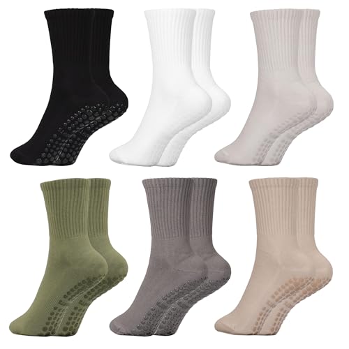 Calcetines de pilates con empuñaduras para mujer, 6 pares de calcetines de algodón antideslizantes para barra, ballet, baile, entrenamiento, talla 5-9, 6 pares de colores mezclados 2, 5-9