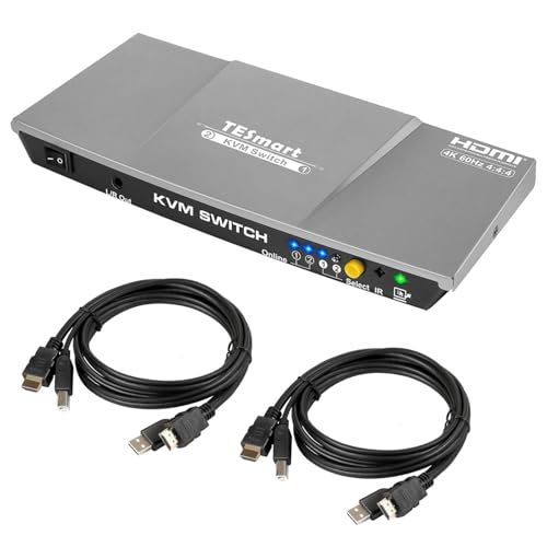 Commutateur KVM HDMI 4K 60Hz TESmart 2 en 1 avec câbles d'entrée et télécommande IR