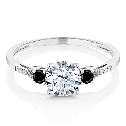 Gem Stone King 10K White Gold White Created Sapphire Black Diamond & White Diamond Accent 3-Stone Engagement Ring | 1.38 Cttw | Wedding Anniversary Promise Gold Ring For Women3