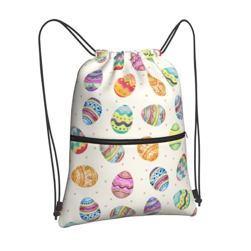 Image of Easter Eggs Drawstring Bag, Waterproof Drawstring Bckpack for Gym Sports Easter Party Gift, Women Men Sackpack Bag with Front Zipper Pocket and Inside Zipper Pocket