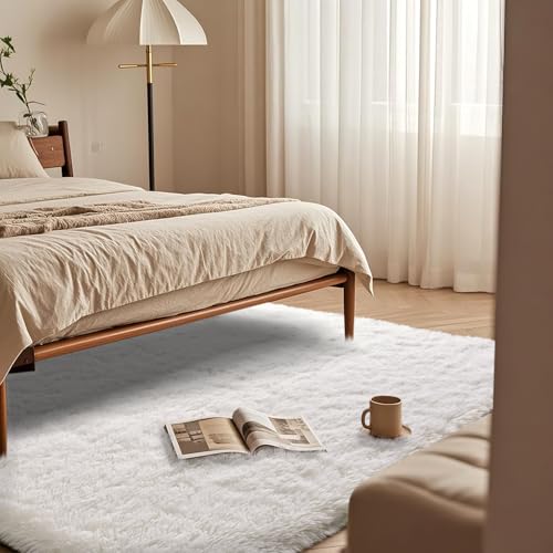 White Fluffy Rugs for Living Room 3x5 ft - Ultra Soft Faux Fur Area Rug - Plush Non-Slip Shaggy Carpet for Bedroom, Kids Boys Girls Dorm Nursery Room