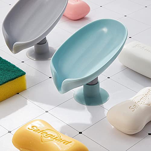 Image of Soap Dish Holder Self Draining Soap Holder Leaf Shape Bar Soap Holder Soap Saver with Suction Cup for Shower Bathroom Tub Kitchen Sink Plastic Tray Holder (2 Pack)