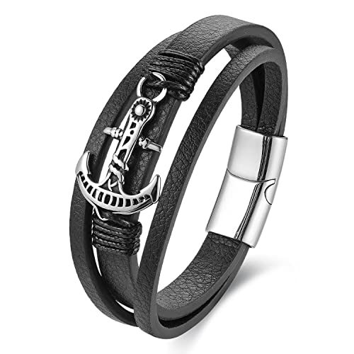 Biyongde Steel Nautical Sailing Rope Marine Anchor Charm Three-Strand Black Leather Bangle Bracelet #TOP7