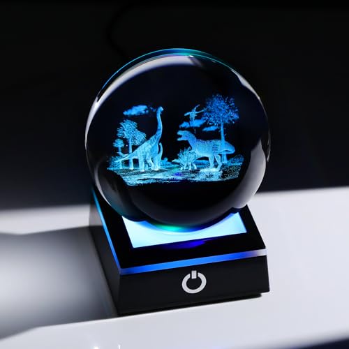 Image of Arikyrist 3D Crystal Ball Dinosaur Figurine with Colorful Light Base, Dinosaur Gifts for Women Men Dinosaur Lovers on Christmas Birthday, Glass Dinosaur Statue Decorative Ball for Home Office