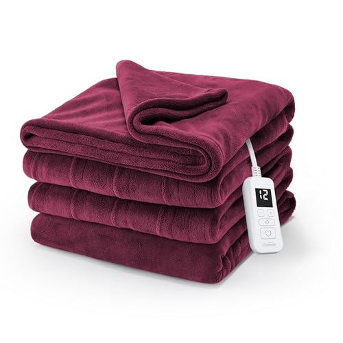Sunbeam Electric Royal Luxe Microplush Heated Blanket 12 Heat Settings 12-Hour Auto Shut-Off Fast Heating Warm & Cozy Machine Washable Cabernet Color Twin (84 x 62)