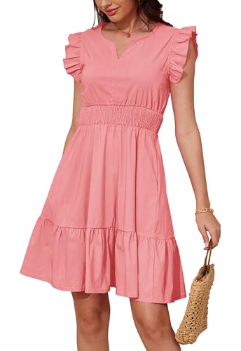 Image of Jayscreate Women's Ruffle Sleeve Layered Dress Pockets Elastic Waist 2025 V Neck Above Knee Summer Casual Cute Dress