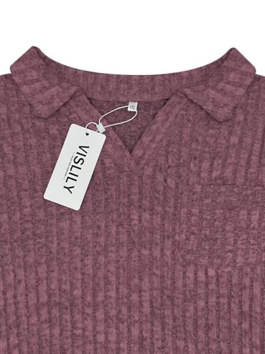Image of VISLILY Womens-Plus-Size-Tops Collared V Neck Polo Shirts Lightweight Long Sleeve Sweaters Trendy Pocket Decor Tunic Blouses