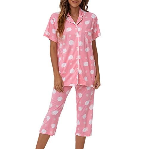 Image of Tugege Capri Pajamas Set Womens Button Down Short Sleeve Lounge Sets Sleepwear Notch Collar Top & Capri 2 Piece PJ Sets