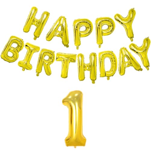 Image of Flyloons 1st Golden Colour Happy Birthday Foil Balloon Banner Set For 1 Year Old Boys Girls Baby | With Number One | 13 Letters Reusable Happy Birthday Metallic Foil Balloons Decoration Kit, 14 Pcs