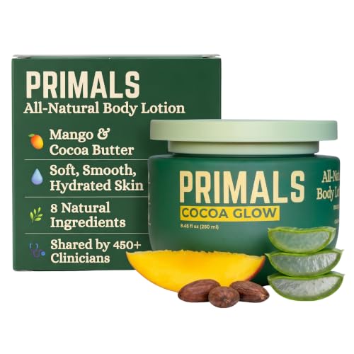 PRIMALS All Natural Body Lotion - Cocoa Butter & Mango Butter - 100% Naturally Derived Ingredients - Alcohol Free, Artificial Fragrance Free, Paraben Free, Petroleum Derivative Free - 8.45 oz