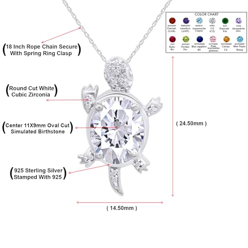 Sea Turtle Pendant Necklace, 14K White Gold Over Sterling Silver, Oval & Round Cut Simulated Birthstone & White Cubic Zirconia, 18" Chain, Ocean Jewelry Gift for Women4