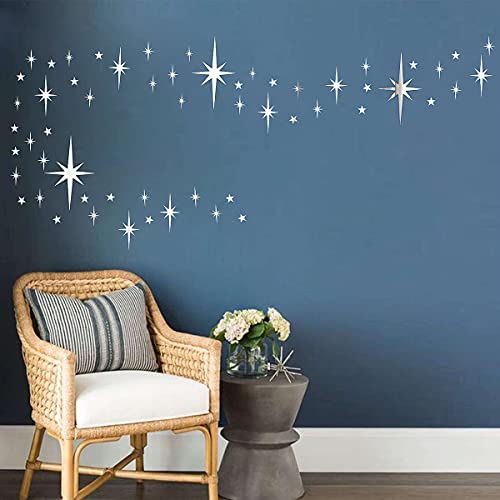 Retro Starburst Mirror Wall Decals Silver 3D Acrylic Sparkle Wall Decors Star Wall Stickers Removable Star Decals Home Wall Decors(123Pcs) #TOP4