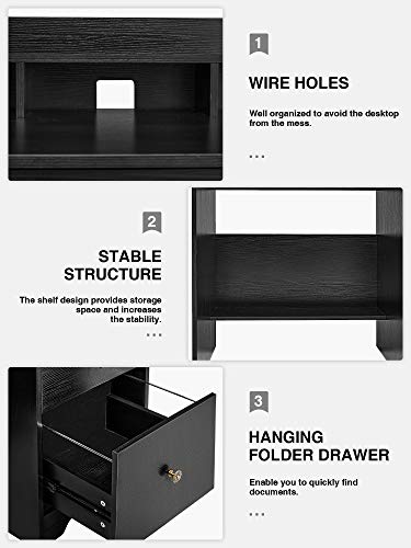 Computer Desk with Drawers and Hutch Shelf, Wood Frame Home Office Desk with Spacious Desktop, Writing Study Table PC Laptop Notebook Desk, Black